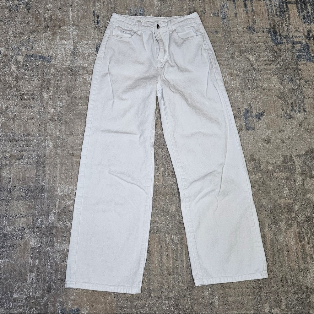 Womens High Waisted Wide Leg Jeans White 100% Cotton‎ Size Medium 27x27